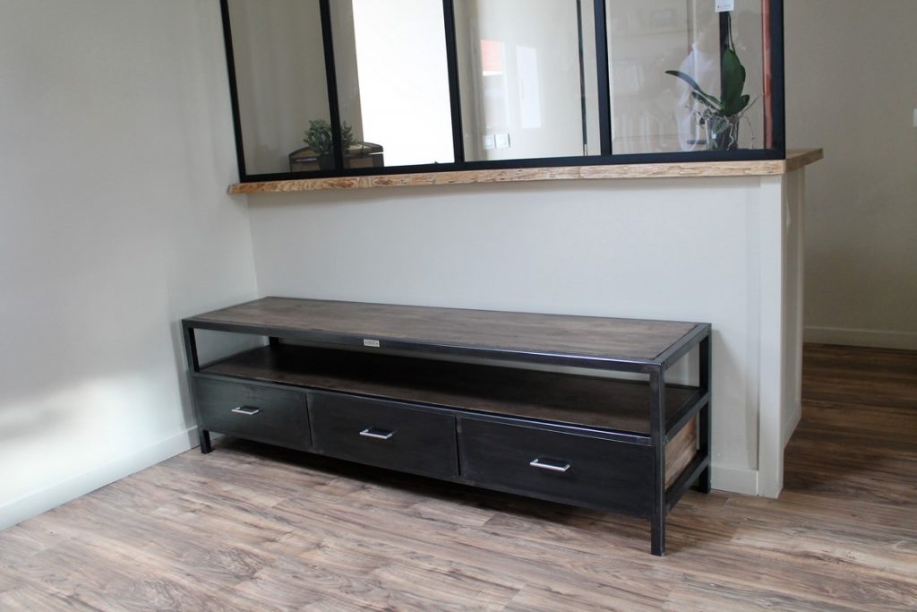 Meuble tv bois/métal effet brossé chêne gris Béarn Métal Design