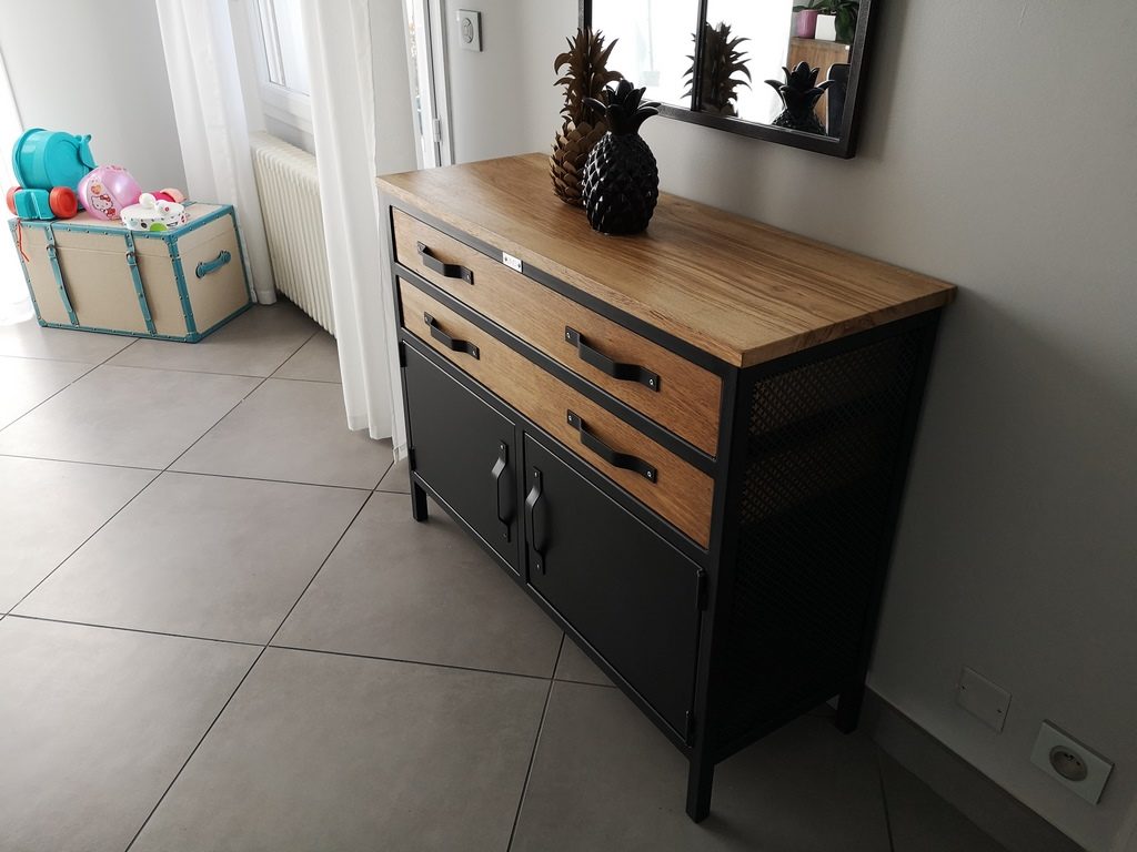 Commode bois/métal, 2 tiroirs 2 portes style industriel Béarn Métal Design