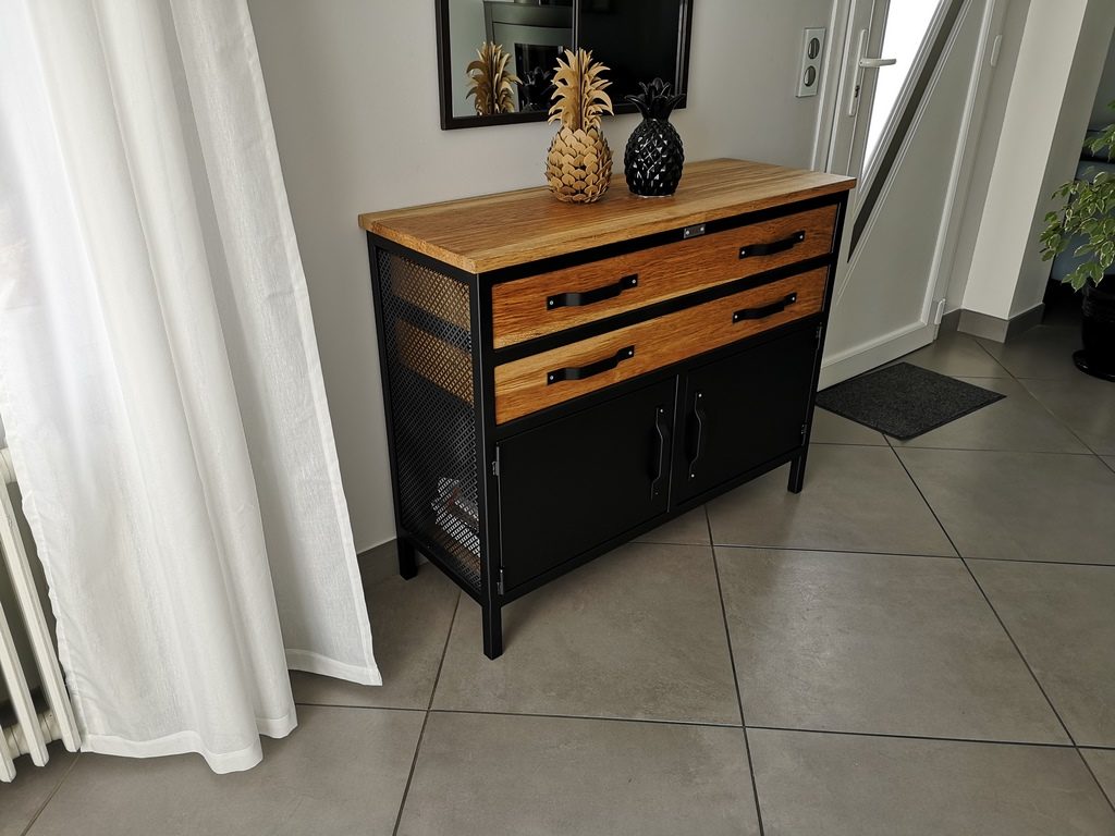Commode bois/métal, 2 tiroirs 2 portes style industriel Béarn Métal Design