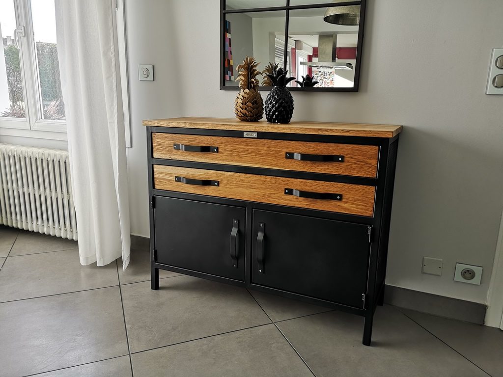 Commode bois/métal, 2 tiroirs 2 portes style industriel Béarn Métal Design