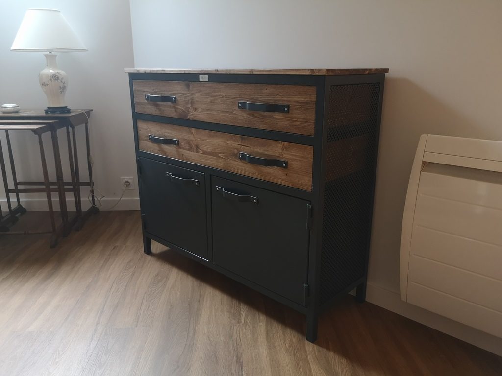 Commode bois/métal design, tiroirs bois poignées acier Béarn Métal Design