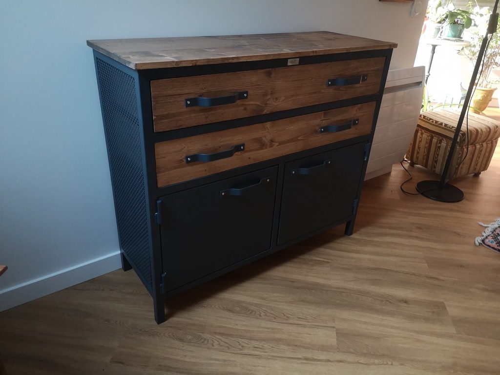 Commode bois/métal design, tiroirs bois poignées acier Béarn Métal Design