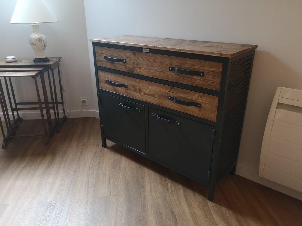 Commode bois/métal design, tiroirs bois poignées acier Béarn Métal Design