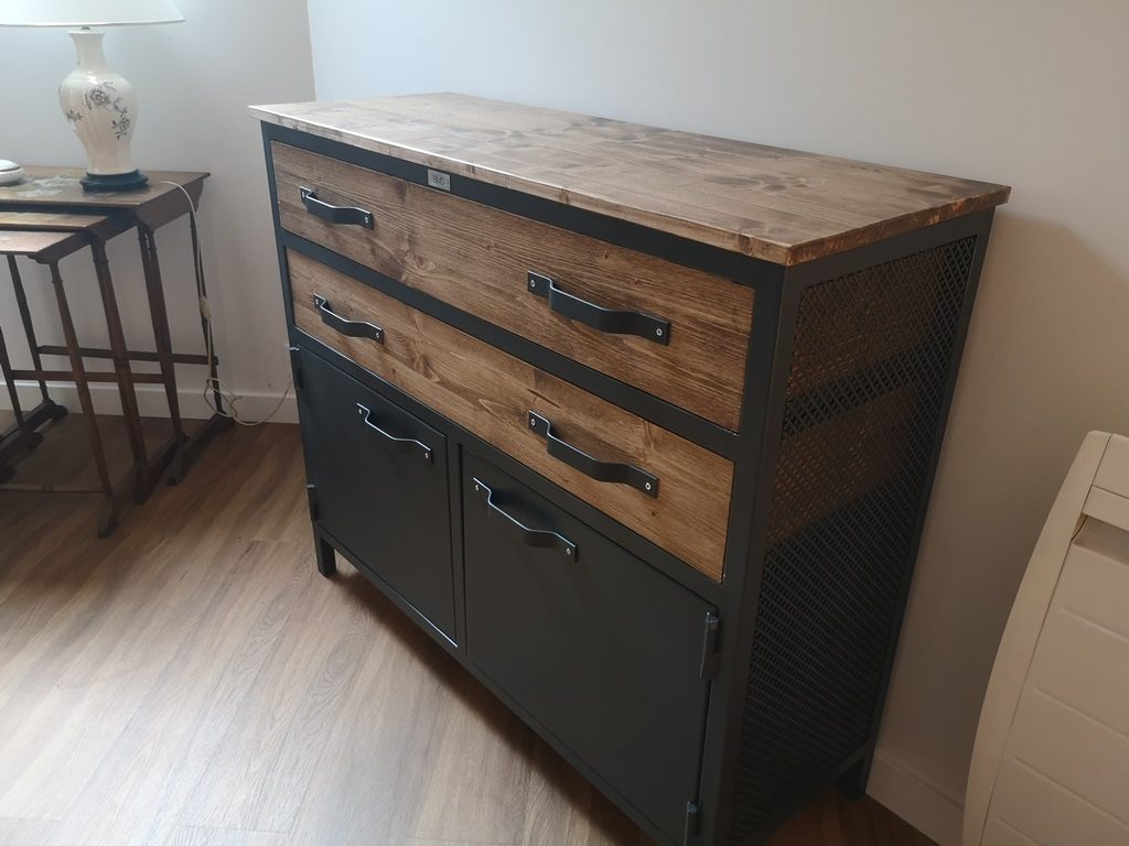 Commode bois/métal design, tiroirs bois poignées acier Béarn Métal Design