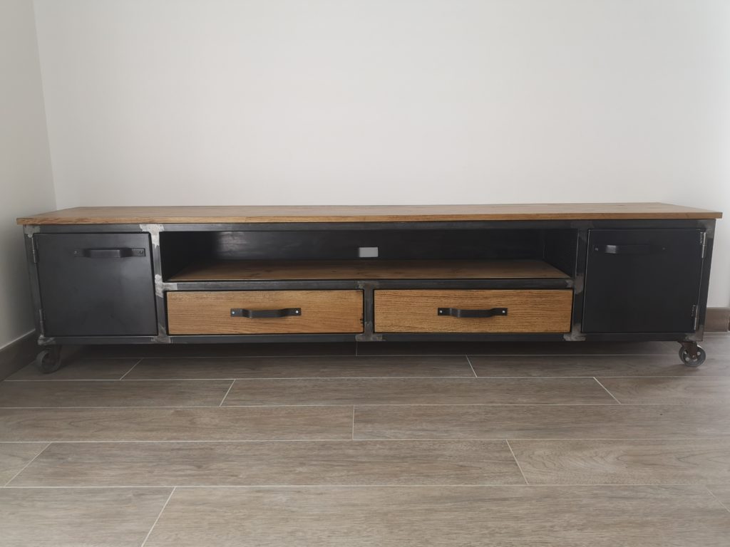 Meuble tv sur roulettes, style industriel bois/métal Béarn Métal Design