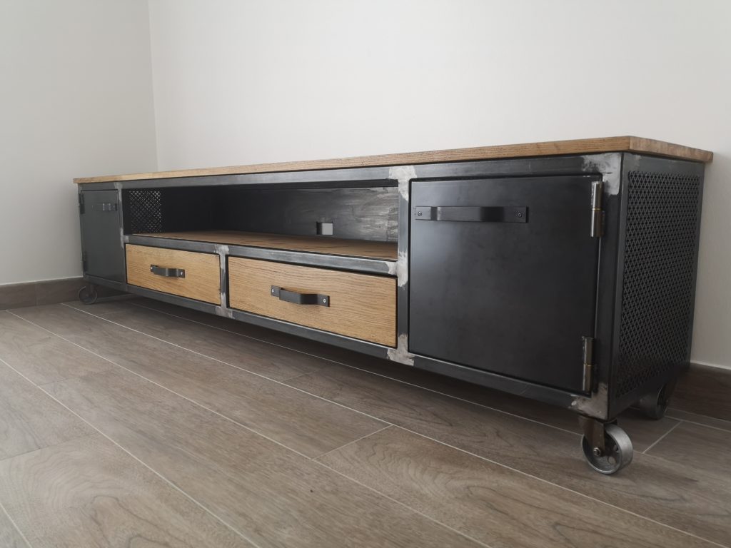 Meuble tv sur roulettes, style industriel bois/métal Béarn Métal Design