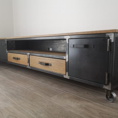 Meuble tv sur roulettes, style industriel bois/métal Béarn Métal Design