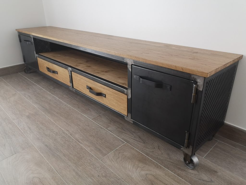 Meuble tv sur roulettes, style industriel bois/métal Béarn Métal Design