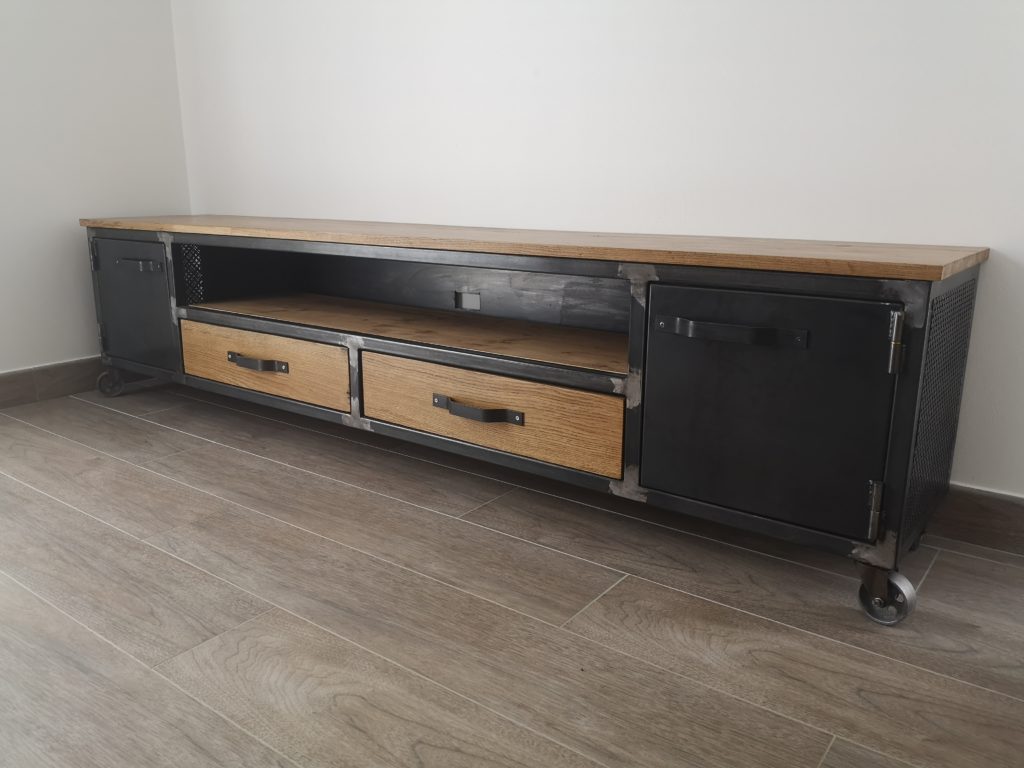 Meuble tv sur roulettes, style industriel bois/métal Béarn Métal Design