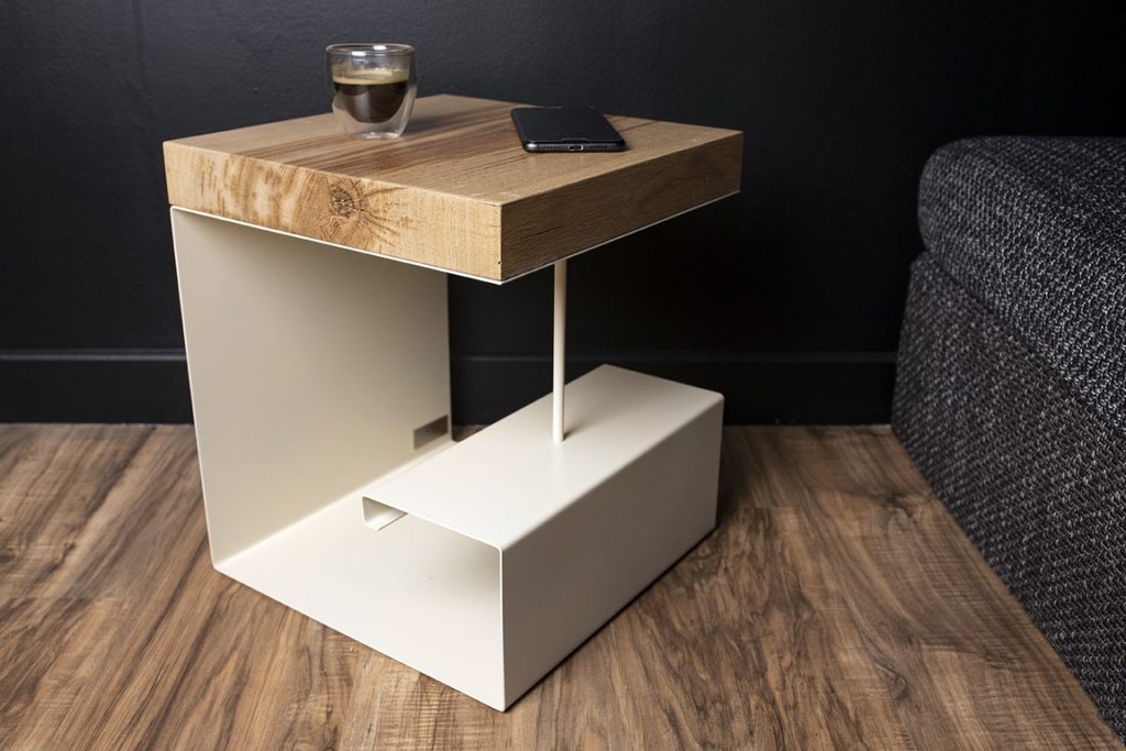 Table d'appoint bois/métal epoxy blanc Béarn Métal Design