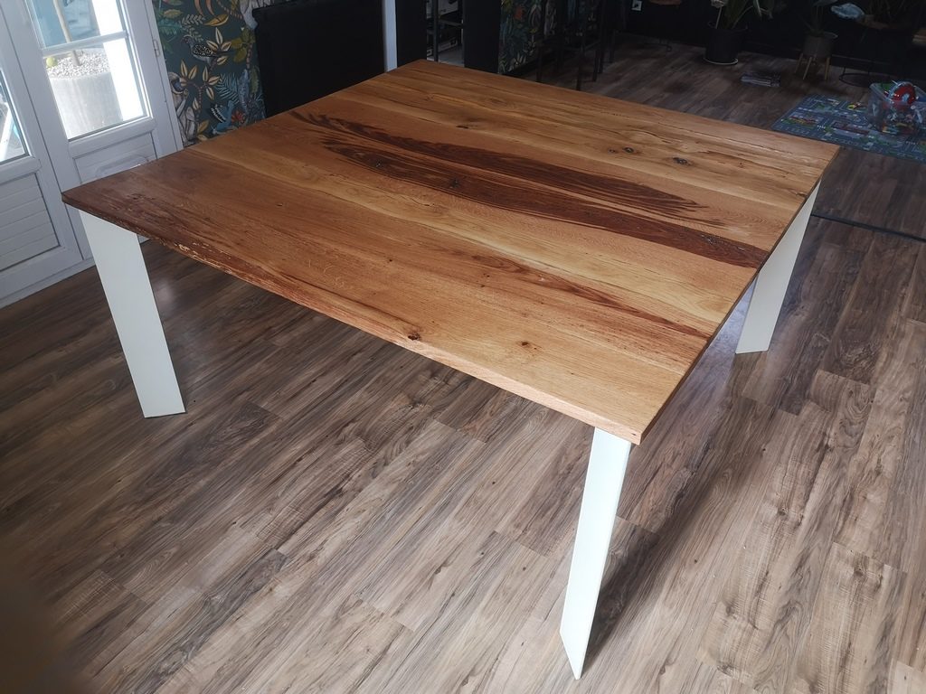 table à manger bois/métal carrée 4 piètements métal epoxy blanc