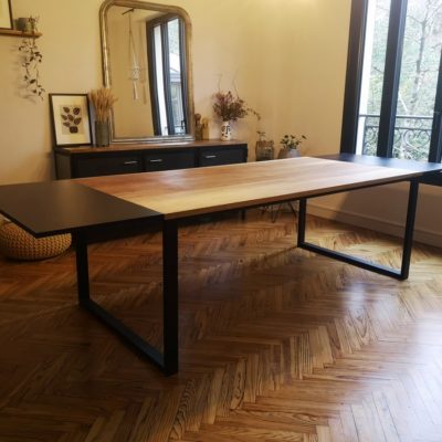 Table à rallonge 50cm, bois/métal style industriel par Béarn Métal Design