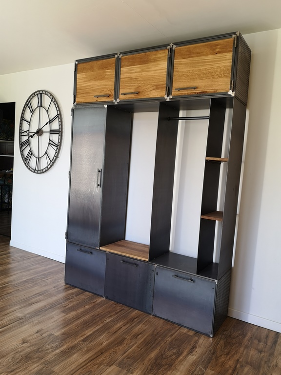 Meuble d'entrée avec rangement, bois/métal style industriel par Béarn Métal Design