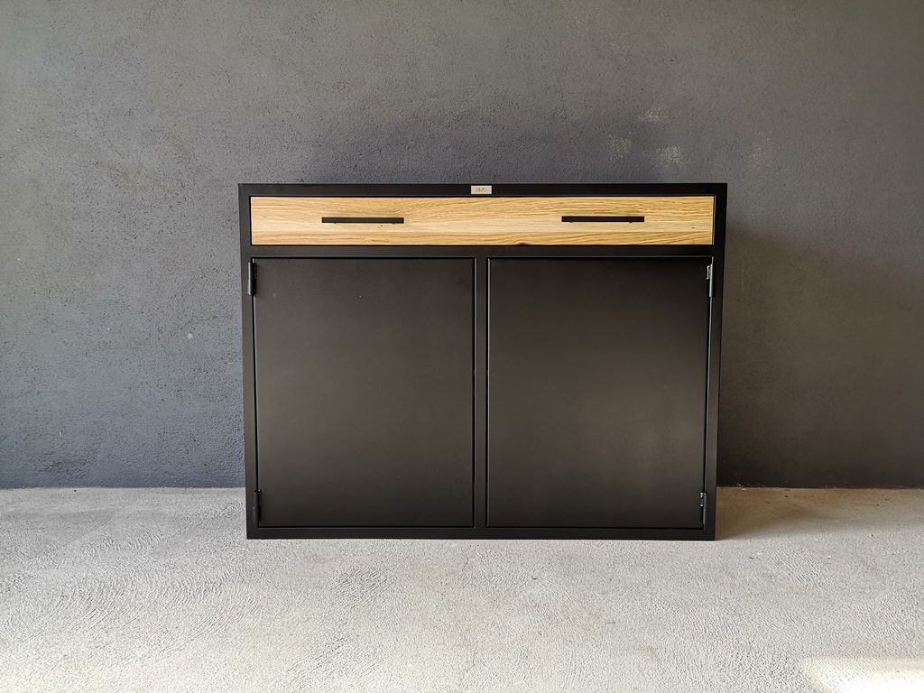 Buffet 2 portes poussoir et 1 tiroir bois/métal par Béarn Métal Design