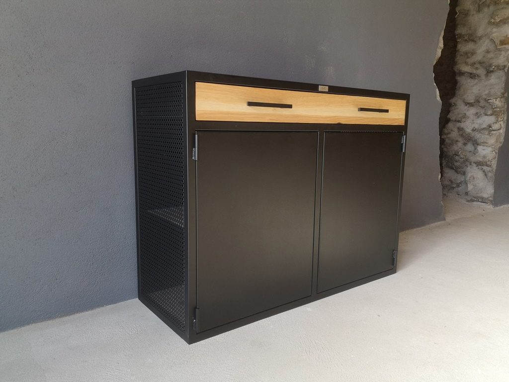 Buffet 2 portes poussoir et 1 tiroir bois/métal par Béarn Métal Design