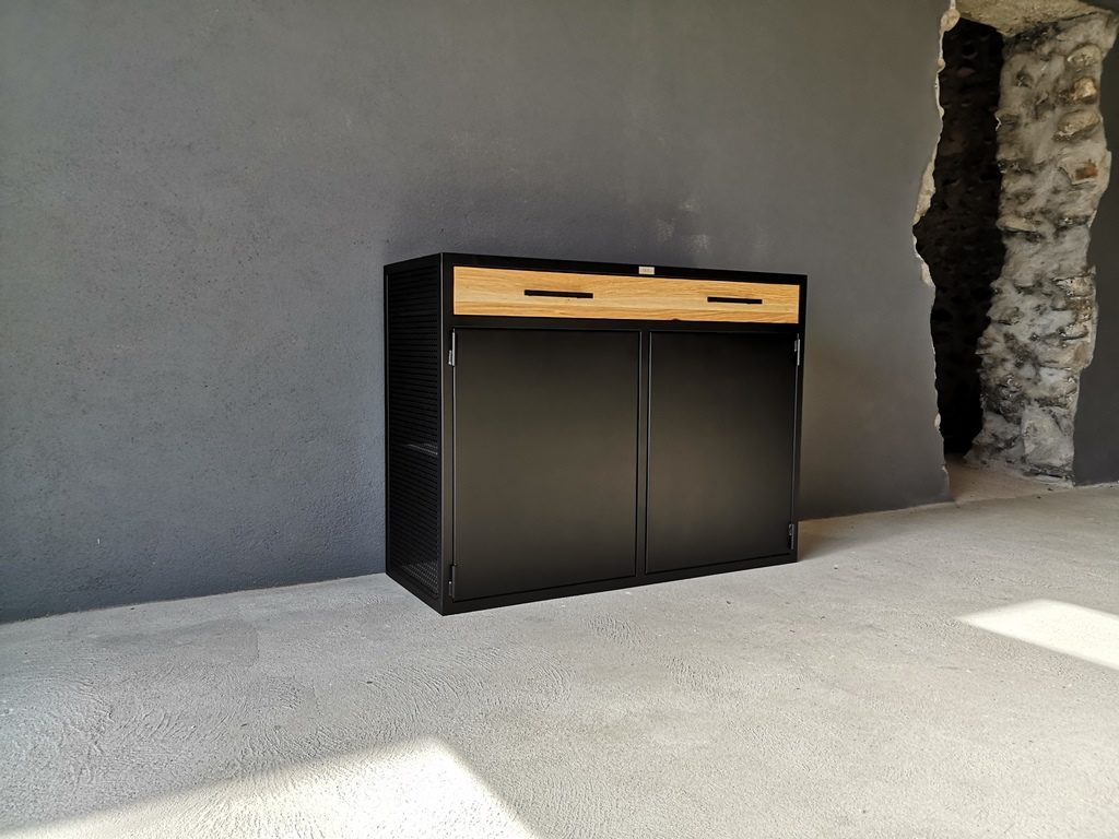 Buffet 2 portes poussoir et 1 tiroir bois/métal par Béarn Métal Design