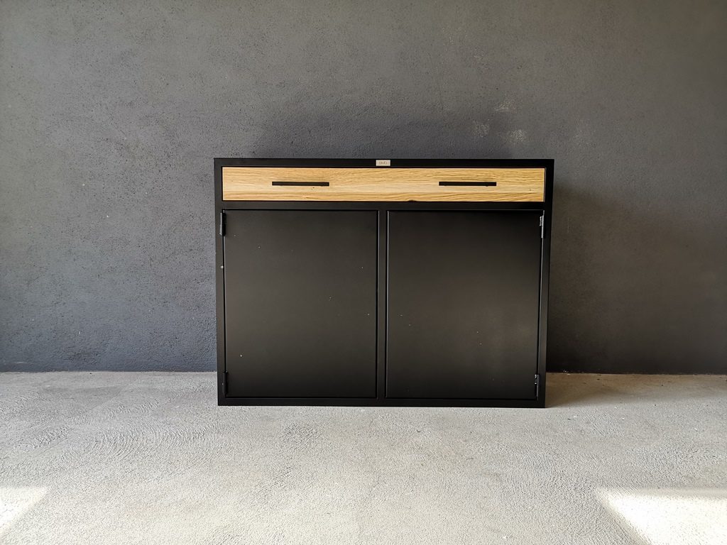 Buffet 2 portes poussoir et 1 tiroir bois/métal par Béarn Métal Design