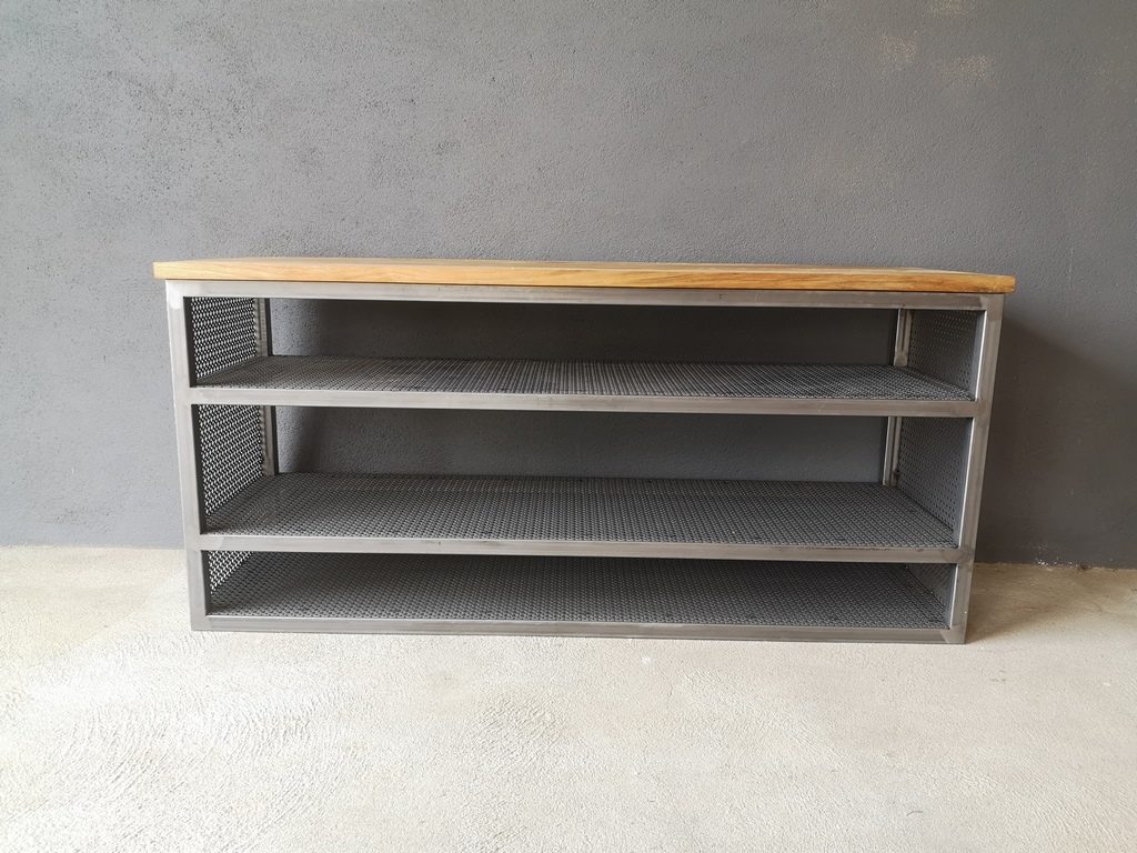 Meuble TV rangement ouvert métal et plateau bois style industriel par Béarn Métal Design