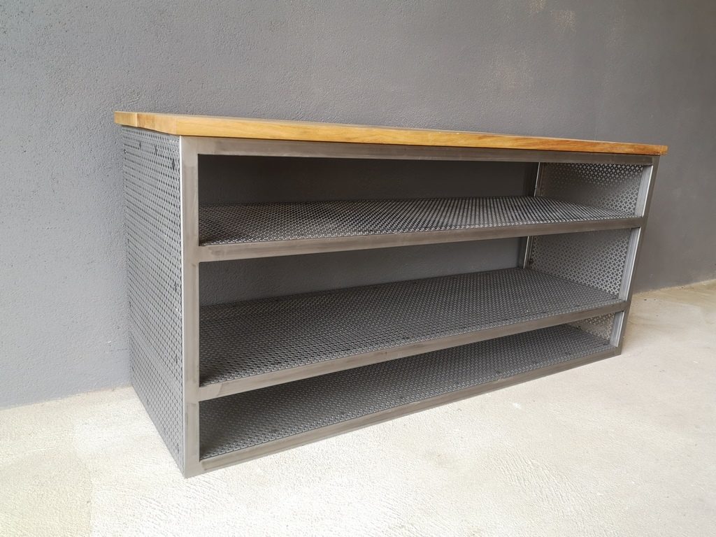 Meuble TV rangement ouvert métal et plateau bois style industriel par Béarn Métal Design