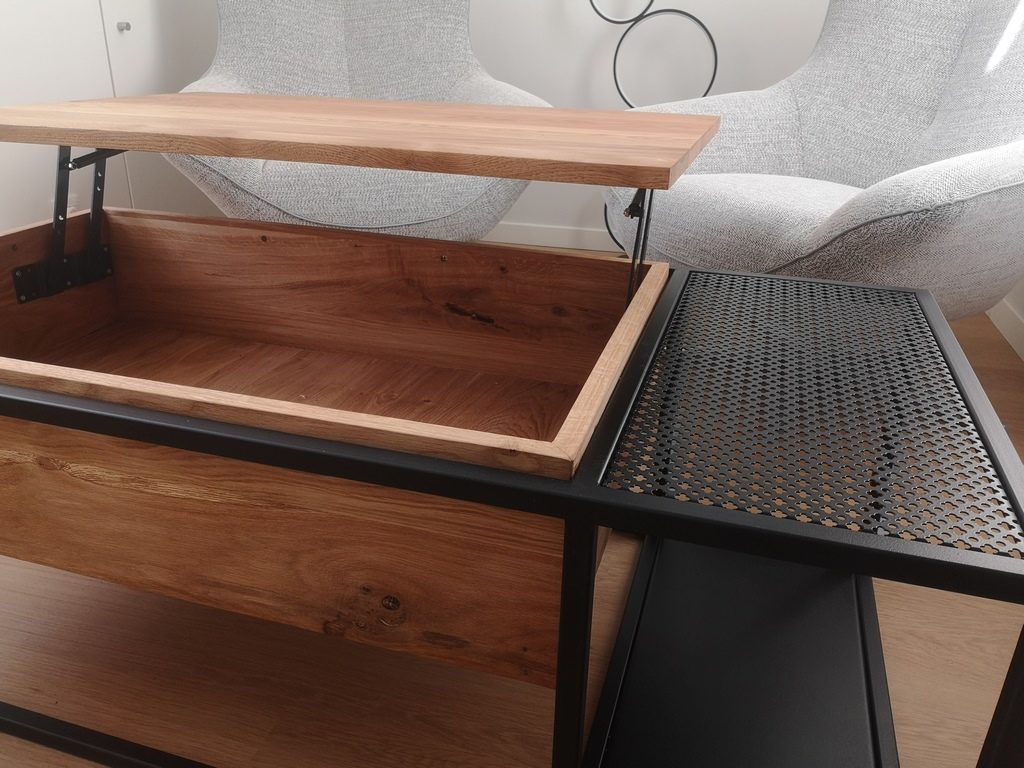 Table basse avec plateau relevable bois/métal par Béarn Métal Design