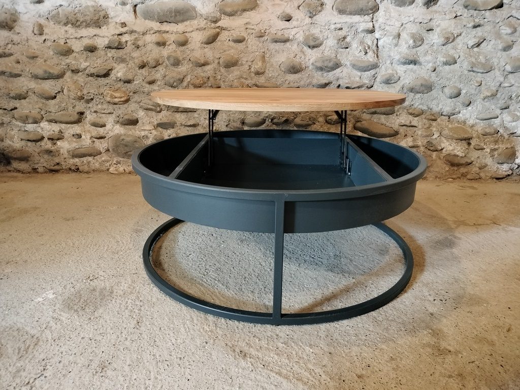 Table basse ronde bois/métal avec plateau relevable et rangements, style industriel sur mesure par Béarn Métal Design