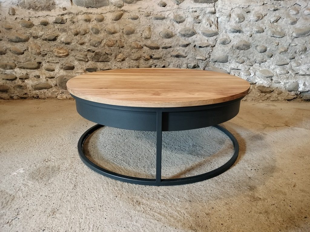 Table basse ronde bois/métal avec plateau relevable et rangements, style industriel sur mesure par Béarn Métal Design