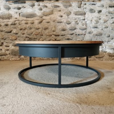 Table basse ronde bois/métal avec plateau relevable et rangements, style industriel sur mesure par Béarn Métal Design